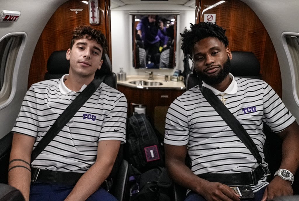 Miles (right) and TCU guard Francisco Farabello (left) head to Kansas City to represent TCU at Big 12 Media Day in October 2021.(Photo courtesy of gofrogs.com)