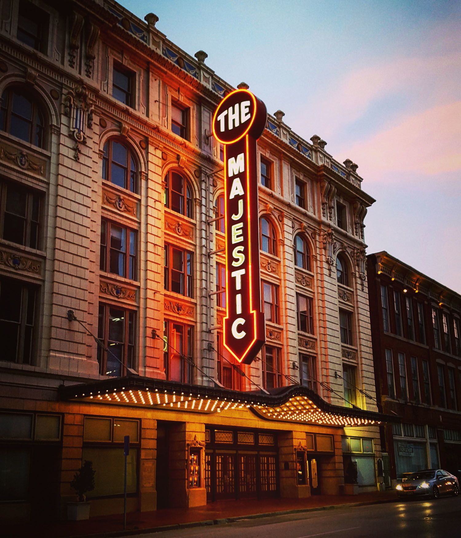 A marquee sign lights the historic Majestic Theatre in Dallas, TX.