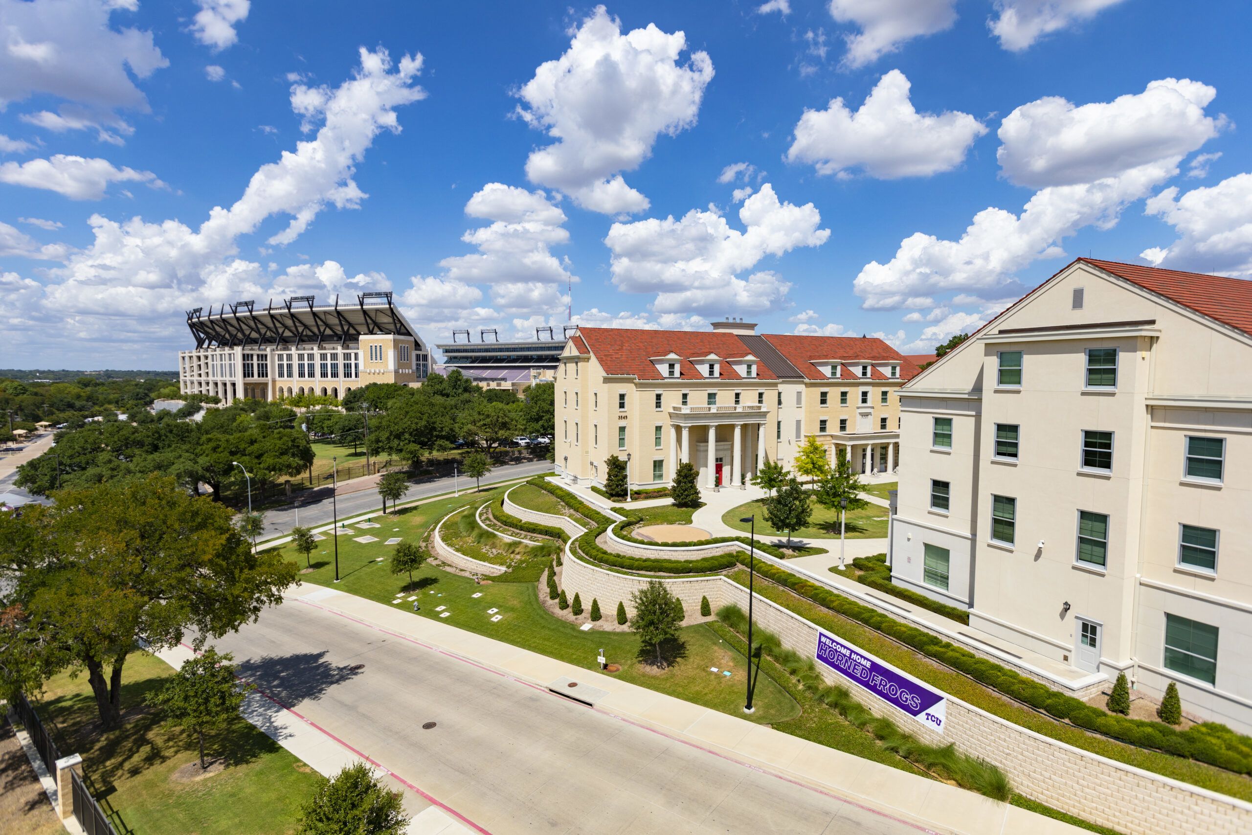 A view of the Greek Village from the top of the Worth Hills parking garage. Worth Hills Village is a residential community for Greek Life on campus with housing, dining and study lounges. (Heesoo Yang/TCU 360)